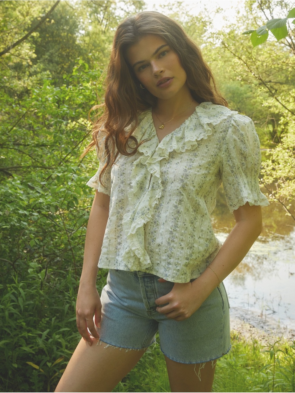 Sorella Sora Cotton Ruffle Ruched Top Ruffle Collar Cream Blue XL NWT Few Moda